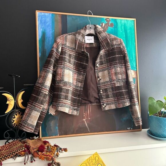 Ricki's Plaid Cropped Blazer in Brown and Cream XS - Picture 14 of 16